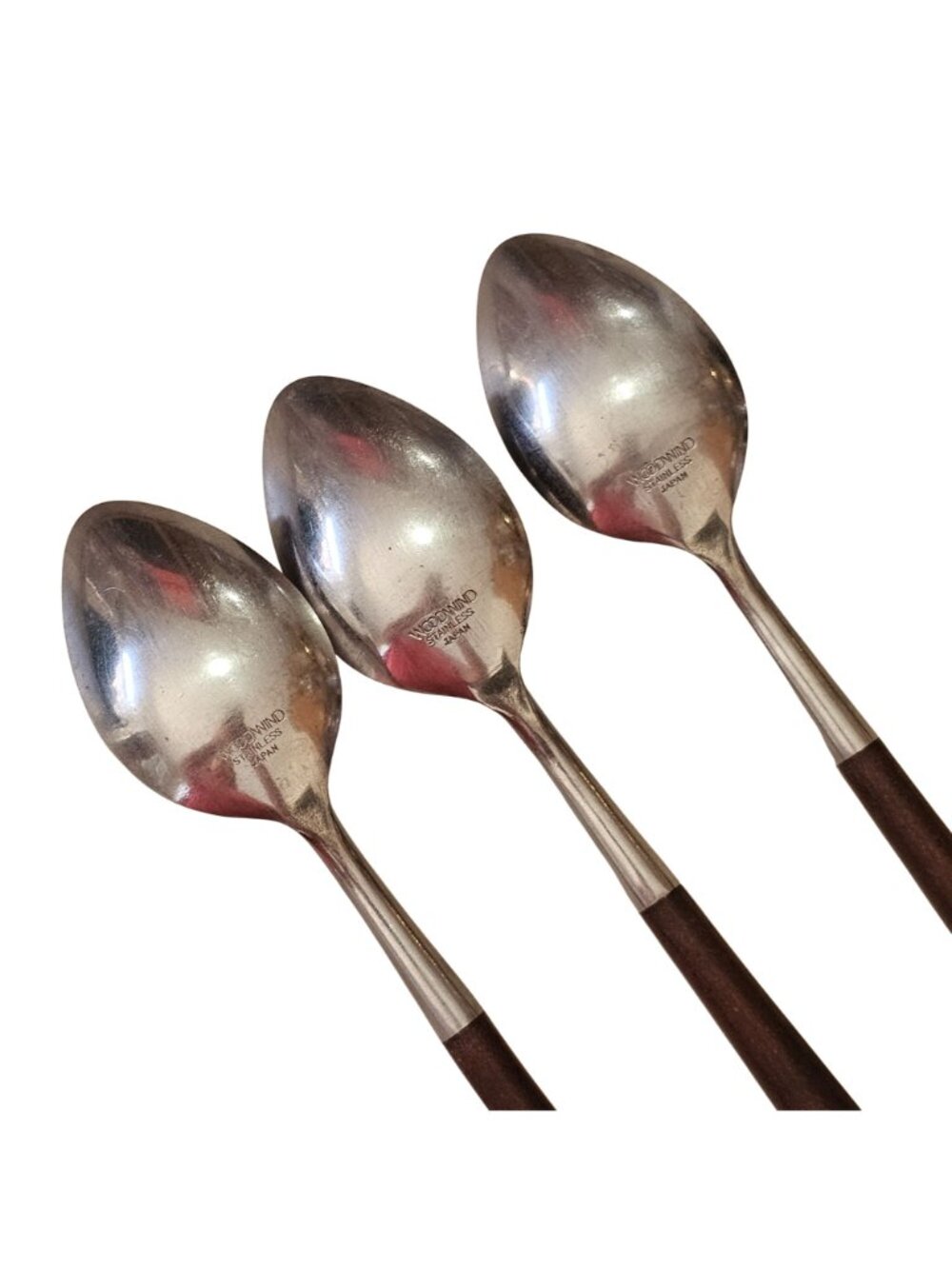 3 Woodwind Soup Spoon 7.5" wood-like handle vtg midcentury boho mixed material m - Picture 7 of 8